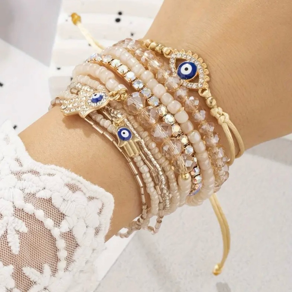 9-Piece Set Beaded Vacation Style Devil's Eye Pendant Bracelet